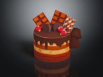 Delicious Chocolate Cake with Chocolate Drizzle Fresh Strawberries Cookies and Wafer Rolls 3d model