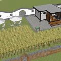 Tranquil Backyard Garden With Cultivated Field White Umbrellas Gazebo Bamboo Fence And Stone Path