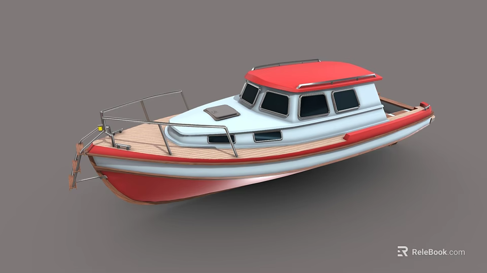 Red And White Wooden Boat With Wooden Deck Cabin Windows And Metal Railings 3d model 