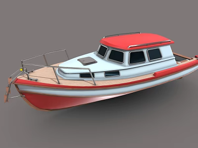 Red And White Wooden Boat With Wooden Deck Cabin Windows And Metal Railings 3d model