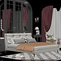 Elegant White Double Bed In Bedroom With Red Curtains Black White Rug Side Table And Lamps