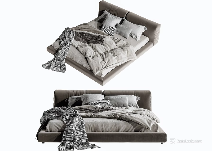 Modern Double Bed Design With Soft Bedding Pillows And Throw Blanket 3d model
