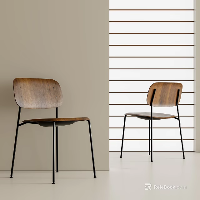 Wooden Single Chair With Black Metal Legs Light Wall And White Striped Background 3d model 