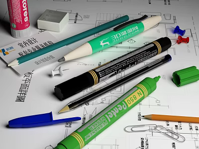 Colored Design Pens with Eraser Push Pins and Paper Clips on Drawing Paper 3d model