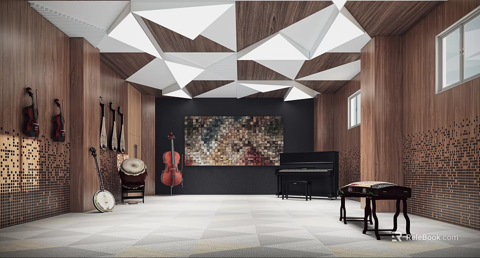 School Music Classroom Interior With Cello Piano Drum Decorative Painting And Geometric Ceiling 3d model 