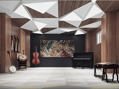 School Music Classroom Interior With Cello Piano Drum Decorative Painting And Geometric Ceiling 3d model