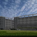 Aerial View Planning of Modern Commercial Building With Multiple Windows Parking Lot and Surrounding Greenery