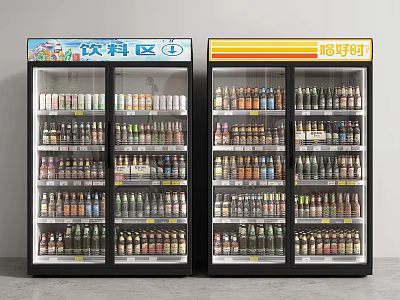 Convenience Store Beverage Refrigerators Stocked with Various Bottled Drinks in Display Area 3d model