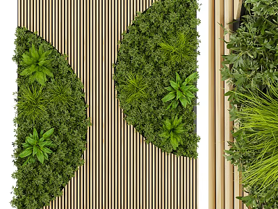 Vertical Living Plant Wall Design With Green Foliage And Wooden Stripe Background 3d model