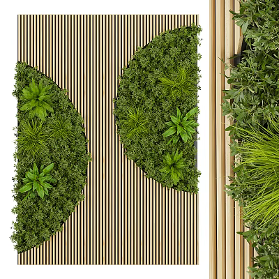 Vertical Living Plant Wall Design With Green Foliage And Wooden Stripe Background 3d model