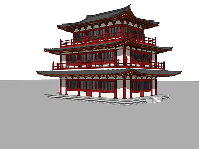 Traditional Ancient Chinese Architecture With Red Wooden Structure And Curved Eaves 3d model