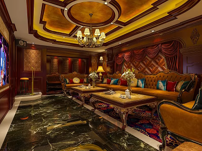 Luxurious KTV Lounge Interior With Ornate Ceiling Chandelier Coffee Tables And Comfortable Sofas 3d model