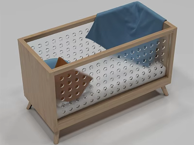 Modern Wooden Baby Crib with Perforated Sides Blue Mattress and Brown Accent 3d model