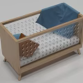 Modern Wooden Baby Crib with Perforated Sides Blue Mattress and Brown Accent