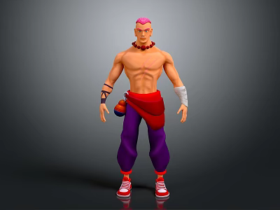 Muscular Shirtless Character With Pink Hair Red Sash Wrist Wraps Purple Pants And Red Sneakers 3d model