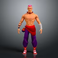 Muscular Shirtless Character With Pink Hair Red Sash Wrist Wraps Purple Pants And Red Sneakers