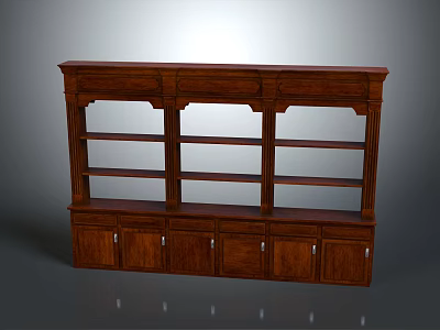 Classic Brown Wooden Bookcase Featuring Open Shelves And Lower Storage Cabinets 3d model