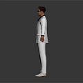 A Man in White Suit with Sunglasses Standing with Arms Outstretched Against Gray Background