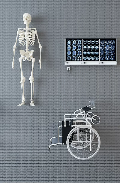 Comprehensive Medical Equipment With Skeleton Model Stethoscope ECG Monitor Wheelchair And Tray 3d model