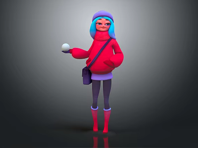 Colorful Cartoon Character With Turquoise Hair Purple Hat Red Hoodie Holding White Ball Shoulder Bag 3d model