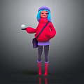 Colorful Cartoon Character With Turquoise Hair Purple Hat Red Hoodie Holding White Ball Shoulder Bag