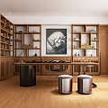 Elegant Office Interior Featuring Wooden Shelves Green Walls Two Office Chairs Desk And Plants