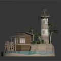 Picturesque Wooden House By Water With Lighthouse Palm Trees And Wooden Walkway