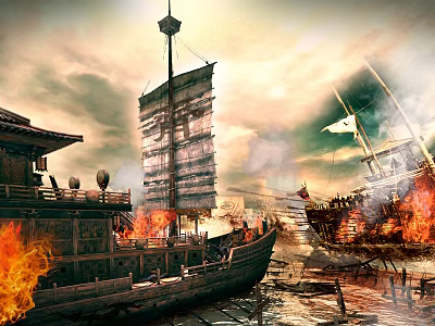 Ancient Naval Battle Scene With Burning Wooden Ships And Traditional Architecture 3d model