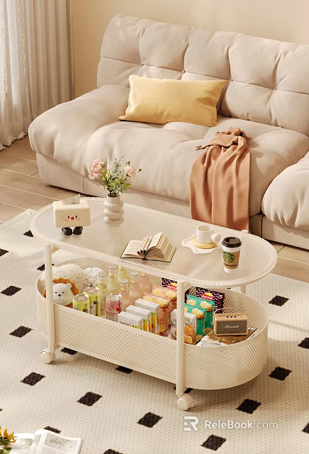 White Two Tiered Coffee Table with Open Book Flower Vase Storage Shelf and Snacks Drinks 3d model 