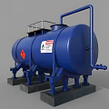 Blue Industrial Storage Tank with Support Legs Platform and Warning Label 3d model