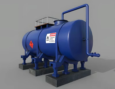 Blue Industrial Storage Tank with Support Legs Platform and Warning Label 3d model