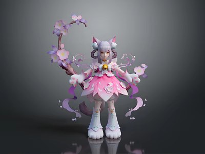 Cute Pink Game Movie Character With Cat Ears White Boots Cherry Blossom Branch And Petals 3d model