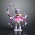 Cute Pink Game Movie Character With Cat Ears White Boots Cherry Blossom Branch And Petals