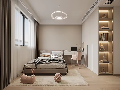 Modern Kids Room Interior With Bed Desk Pink Chair Bookshelf Window And Ceiling Light 3d model