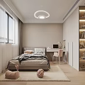 Modern Kids Room Interior With Bed Desk Pink Chair Bookshelf Window And Ceiling Light