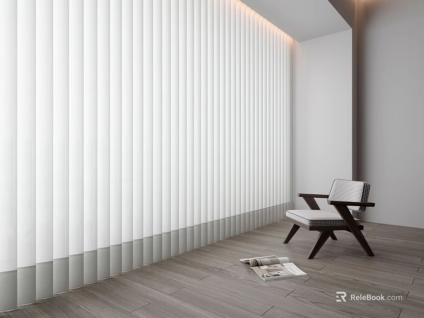 Minimalist Leisure Chair In Modern Interior With White Vertical Blinds And Wooden Floor 3d model 