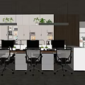 Modern Open Public Office Space with Desks Computers Plants Bookshelves Natural Light and Wooden Elements