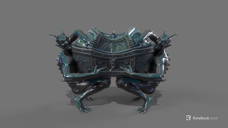Decorative Mythical Creature Motif Chest With Intricate Metallic Carvings And Dark Green Finish 3d model 