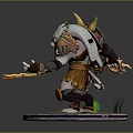 Horned Fantasy Warrior Character With White Fur Armored Holding Sword On Grass Base Platform
