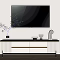 Modern White Black TV Stand With Green Plant Vases Sculpture And Wall Mounted TV
