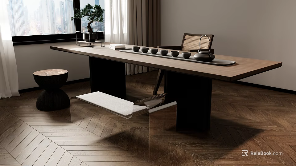 Elegant Modern Tea Table and Chairs with Wooden Top Black Legs and Tea Set 3d model 