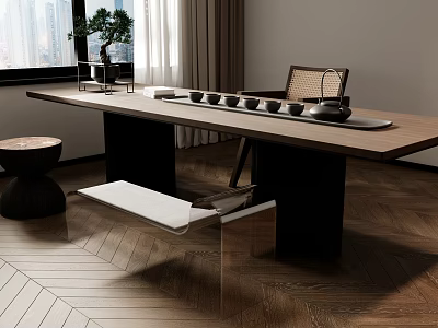 Elegant Modern Tea Table and Chairs with Wooden Top Black Legs and Tea Set 3d model