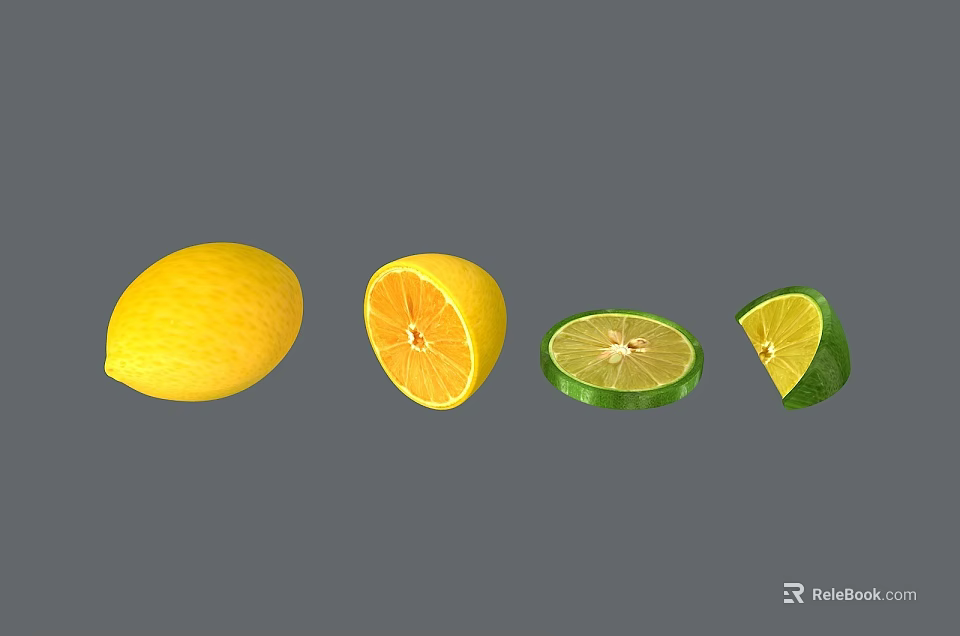 Fresh Whole Halved and Sliced Lemons and Limes on Gray Background 3d model 