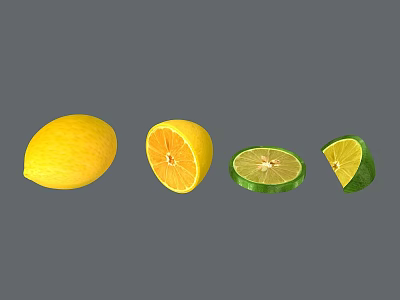 Fresh Whole Halved and Sliced Lemons and Limes on Gray Background 3d model