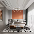 Modern Bedroom Interior With Orange Wall Pendant Light Large Bed And Patterned Rug 3d model
