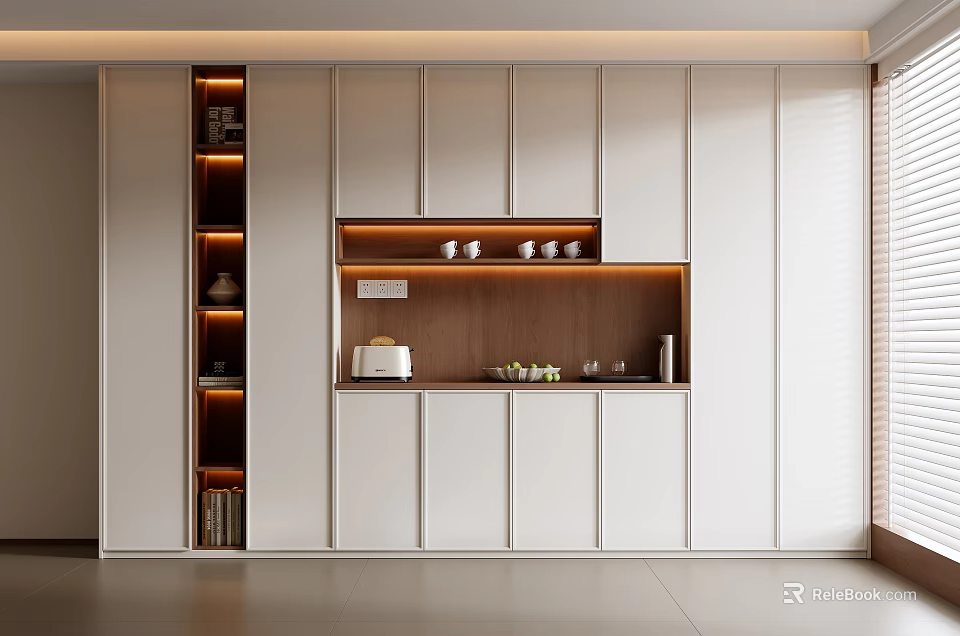 Modern White Sideboard With Wooden Countertop LED Lighting And Storage 3d model