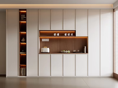 Modern White Sideboard With Wooden Countertop LED Lighting And Storage 3d model