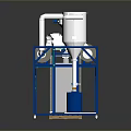 Industrial Equipment With Blue Frame Silver Cylindrical Container Pipes And Blue Barrel At Bottom