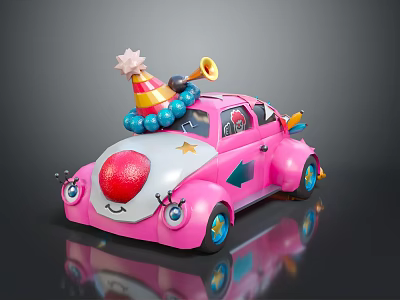 Pink Cartoon Car With Party Hat Horn Clown Nose And Eyes On Reflective Surface 3d model