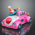 Pink Cartoon Car With Party Hat Horn Clown Nose And Eyes On Reflective Surface